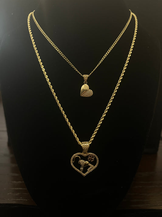 14k set cuban chain + heart, Rope chain heart